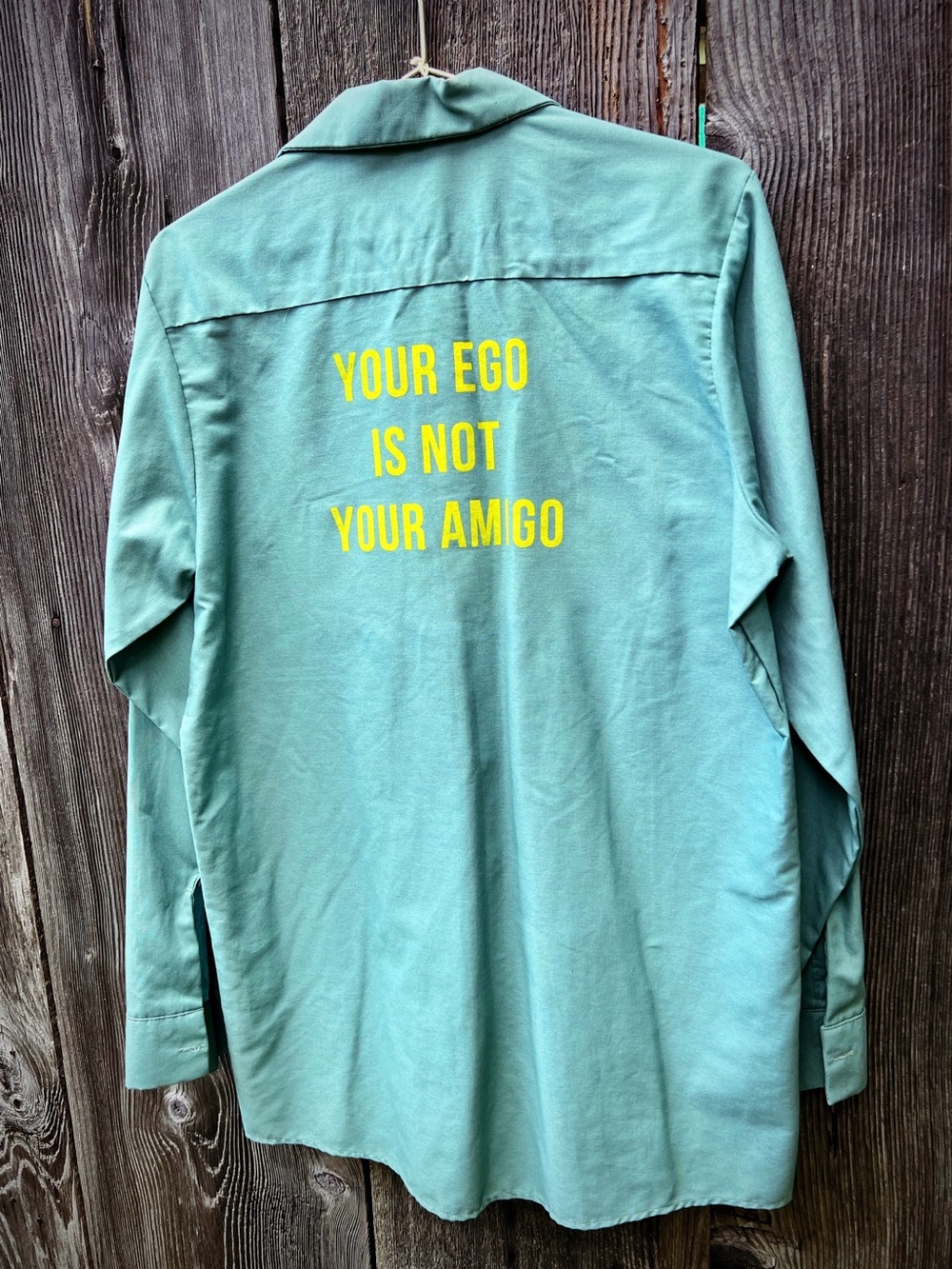 Mint Green Button-Up Shirt with YOUR EGO IS NOT YOUR AMIGO print
